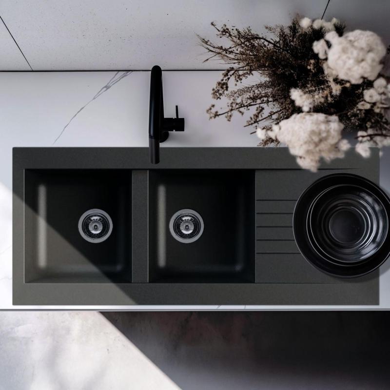 Ausmann Fibre double black plastic sink reversible with drainer inset 116x50 cm 1208956787