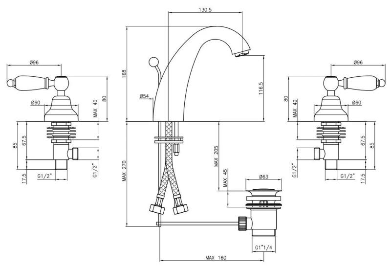 PB classic tap 3 hole high sink faucet White levers stainless steel 1208956909