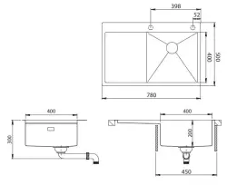 Ausmann Turt copper sink with drainer left 780x500mm inset and flush-mounted 1208956955