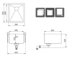 Ausmann Oder stainless steel sink 34x40cm flush-mounted undermount and inset extra deep 22cm 1208957111