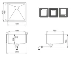 Ausmann Oder stainless steel sink 40x40cm flush-mounted undermount and inset extra deep 22cm 1208957112