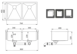 Ausmann Oder double stainless steel sink 76x45cm with 2 bowls 34x40 flush-mounted undermount and inset extra deep 22cm 1208957116