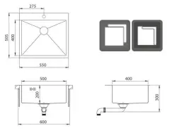 Ausmann Oder Blue stainless steel sink 55x50cm flush-mounted and inset with tap hole bench 1208957118