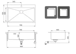 Ausmann Oder Blue large stainless steel sink 79x50cm flush-mounted and inset with tap hole bench 1208957119