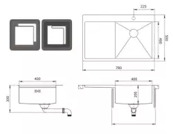 Ausmann Oder Blue stainless steel sink 78x50cm flush-mounted and inset with drainer 1208957121