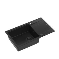 Quadri Luton black granite large Inset Kitchen Sink with draining board reversible 86x50cm with black plug 1208957326