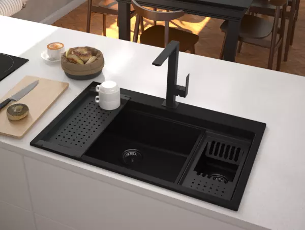 GraniteMy Limited large 1.5 granite inset and undermount black sink incl. accessory 76x48 cm 1208957389