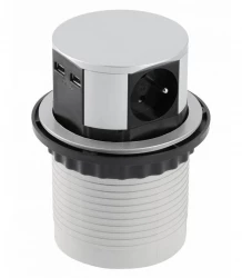 Indux Push retractable pin earthing silver kitchen socket for worktop with 3 outlets and 2 x USB 1208957412