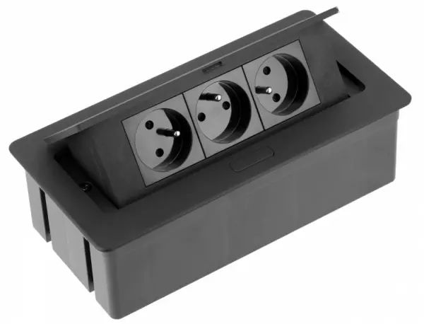 Indux Flip Medium pin earthing kitchen socket for worktop or wall unit matt black with 3 outlets 1208957434