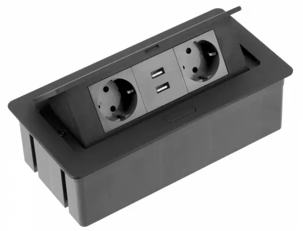 Indux Flip Medium earthed kitchen socket for worktop or wall unit matt black with 2 outlets and 2 USB chargers 1208957439