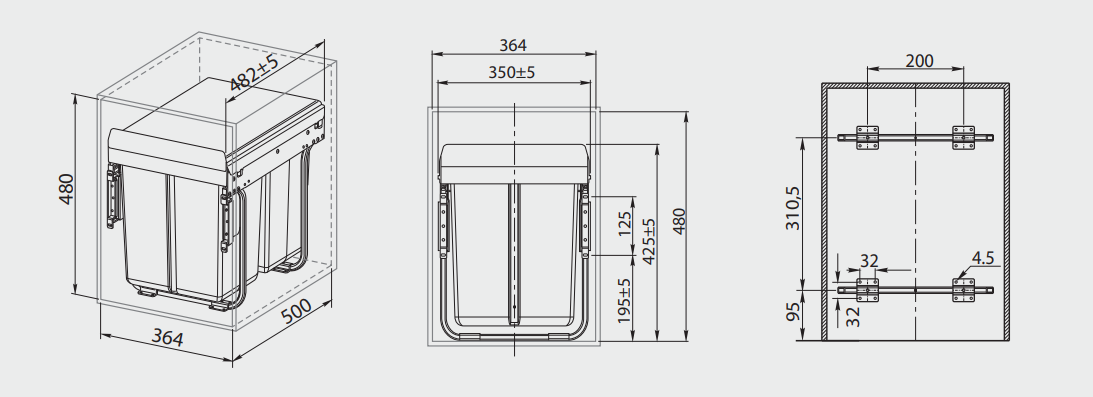 Garbi Carrier C-40-3-H built-in waste system with its own rails and 3 waste bins 1 x 20 + 2 x 10 litres 1208957464