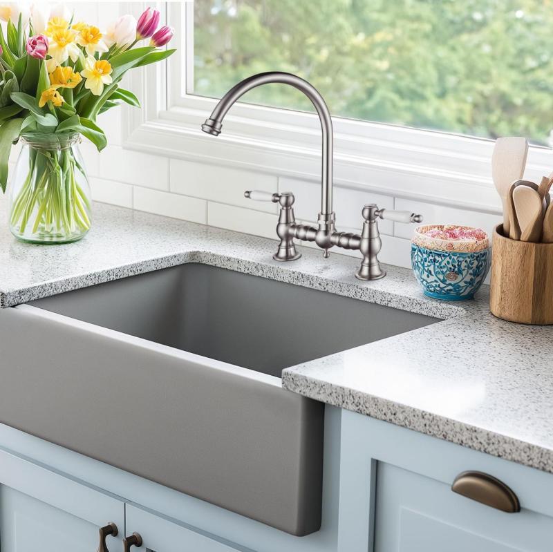 AquaTrimo Country 2-Loch-Küchenarmatur mit nostalgischer Brücke und rundem Auslauf Chrom 21CT7655CM