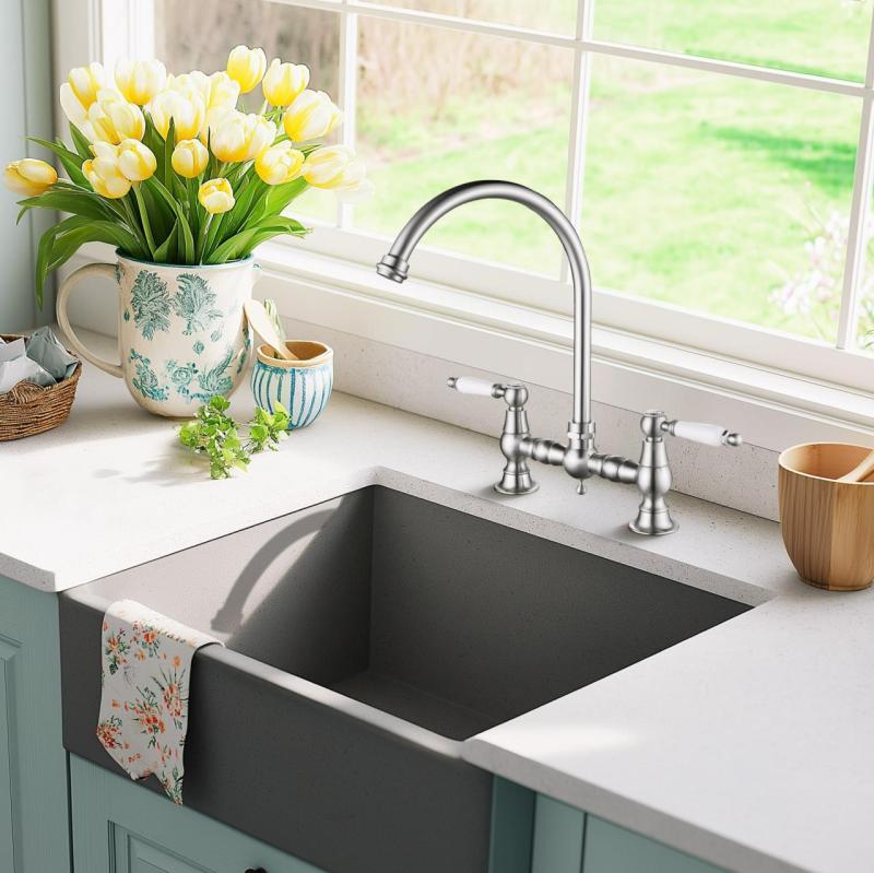 AquaTrimo Country 2-Loch-Küchenarmatur mit nostalgischer Brücke und rundem Auslauf, Edelstahl 21CT7655NM