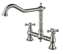 AquaTrimo Windsor 2-hole classic nostalgic kitchen bridge tap with angled spout, stainless steel 21WS7653NM