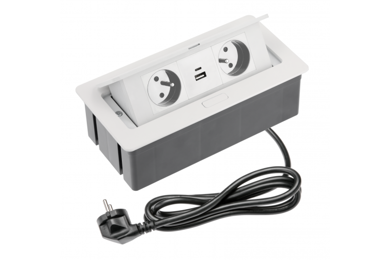 Indux Flip Medium pin earthing white kitchen socket for worktop or wall unit with 2 outlets and 2 USB chargers 1208957849