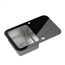 Quadri Glazz inset stainless steel sink with black glass drainer 78x50cm reversible 1208957852