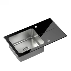 Quadri Glazz surface mounted stainless steel sink with black glass drainer reversible 77x44 1208957862