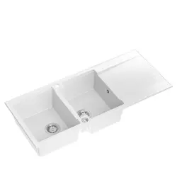 Quadri Luton inset double granite sink white with drainer, stainless steel plug and push to open siphon 116x50 1208957882