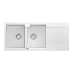 Quadri Luton inset double granite sink white with drainer, stainless steel plug and push to open siphon 116x50 1208957882