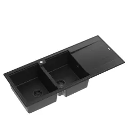 Quadri Luton inset double granite sink black with drainer, black plug and push to open siphon116x50 cm 1208957883