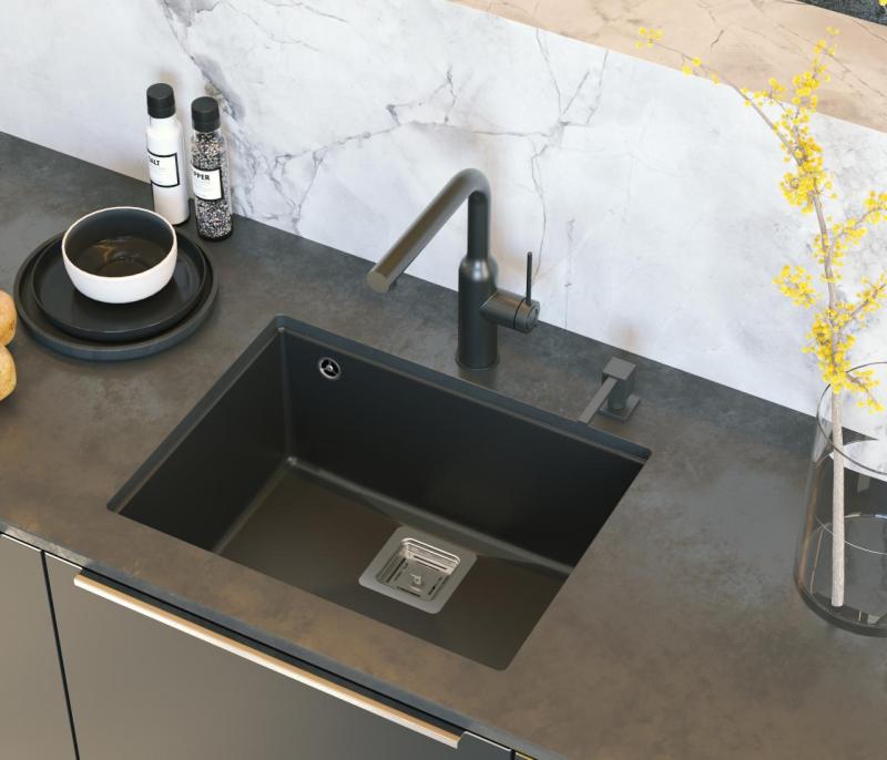 Quadri Quadrangle black undermount granite sink with save space siphon 55x42cm 1208957885