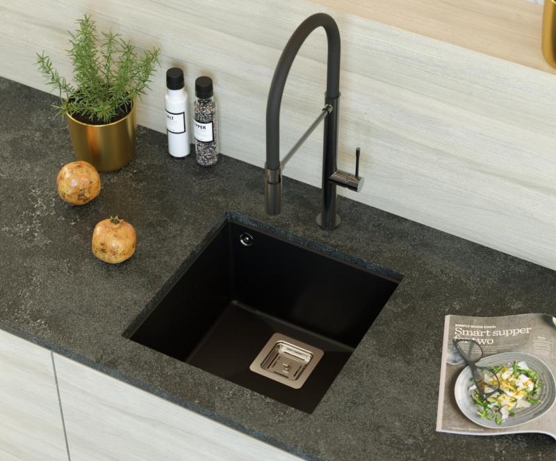 Quadri Quadrangle black undermount granite sink 42x42cm with stainless steel plug 1208957887