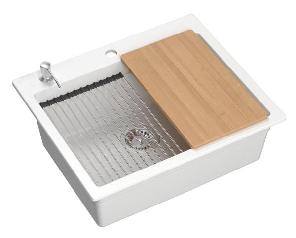 Quadri Durham white inset sink with manual siphon, liquid dispenser and chopping board 59,5x50 1208957903