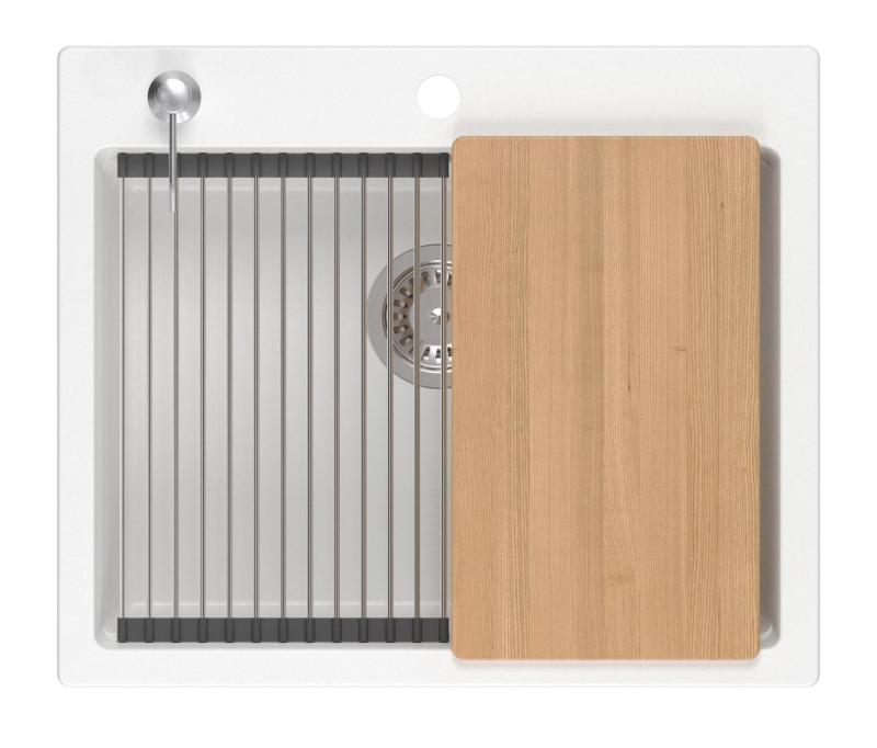 Quadri Durham white granite built-in sink 595x500 with soap dispenser, cutting board, roll mat, insert sink, and roll mat 1208957903