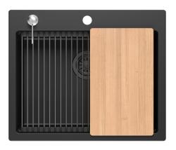 Quadri Durham black inset sink with manual siphon, liquid dispenser 1208957904 and chopping board 59,5x50