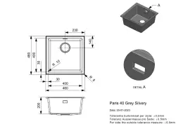 Reginox Paris 40 Regi-granite sink grey 40x40 cm inset with roll mat and stainless steel push button R36693