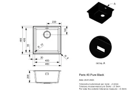 Reginox Paris 40 Regi-granite sink black 40x40 cm inset with roll mat and stainless steel push button R36709