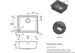 Reginox Paris 50 Regi-granite sink grey 50x40 cm inset with roll mat and stainless steel push button R36747