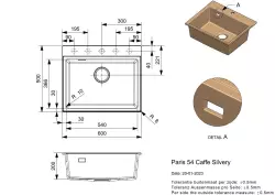 Reginox Paris 54 Regi-granite sink cafe 60x50 cm inset with tap hole, roll mat and stainless steel push button R36785