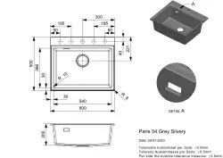 Reginox Paris 54 Regi-granite sink grey 60x50 cm inset with tap hole, roll mat and stainless steel push button R36792