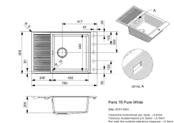 Reginox Paris 78 Regi-granite sink white 78x50 cm inset reversible with tap hole, roll mat and stainless steel push button R36822