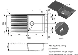 Reginox Paris 430 Regi-granite inset sink grey 100x50 cm reversible with tap hole, roll mat and stainless steel push button R36891