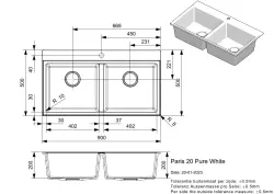 Reginox Paris 20 Regi-granite double white kitchen sink 90x50 cm inset with roll mat and stainless steel push button R36921