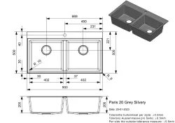 Reginox Paris 20 Regi-granite double grey kitchen sink 90x50 cm inset with roll mat and stainless steel push button R36938