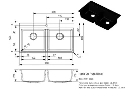 Reginox Paris 20 Regi-granite double black kitchen sink 90x50 cm inset with roll mat and stainless steel push button R36952