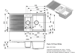 Reginox Paris 15 Regi-granite 1.5 white kitchen sink 100x50 cm inset with roll mat and stainless steel push button R36976