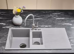 Reginox Paris 15 Regi-granite 1.5 grey kitchen sink 100x50 cm inset with roll mat and stainless steel push button R36990