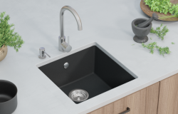 GraniteMy Universal granite black sink 40x40 cm black topmounted undermount and flush-mount with stainless steel plug 1208958318