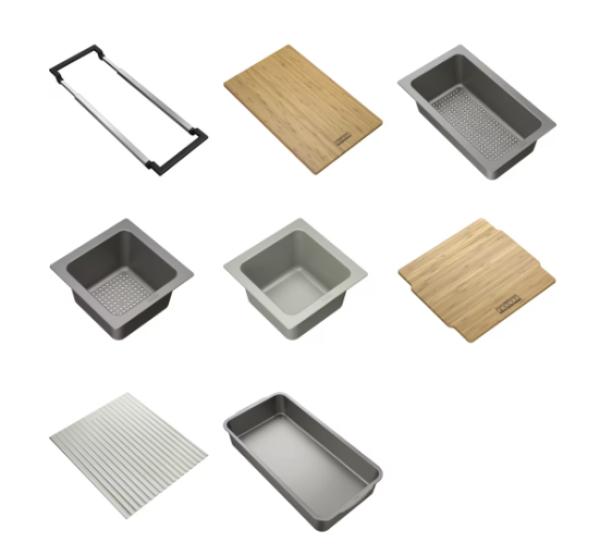 Franke universal accessories in set of 5, cutting board, insert tray, draining mat and storage tray 112.0655.489