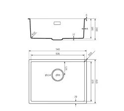 Lorreine BQ series sink 54x41cm undermount and flush mount black with stainless steel plug 50BQ37-FU-INOX