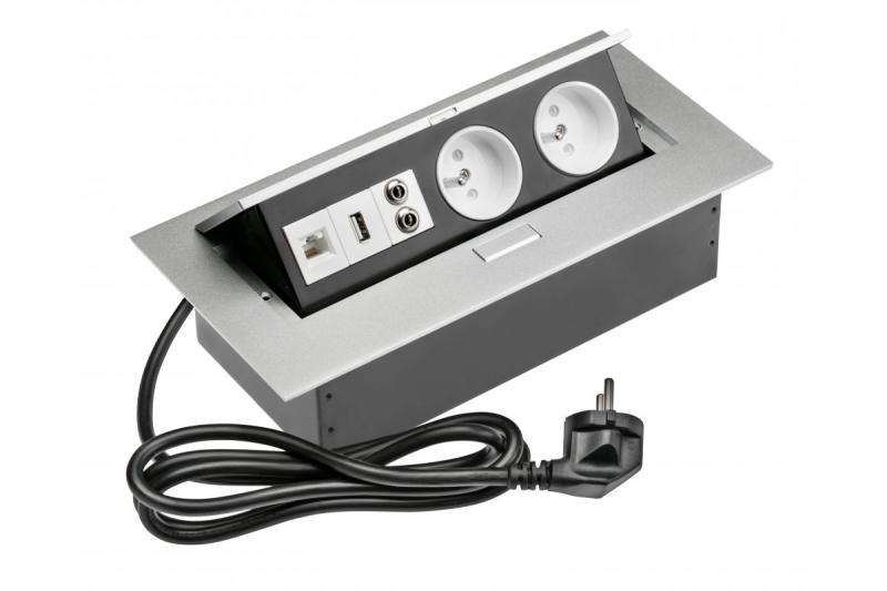 Desk extension cable 2x socket with uziem, gn. USB, audio (banana), gn. RJ45,power cable with plug,alu 1208958677