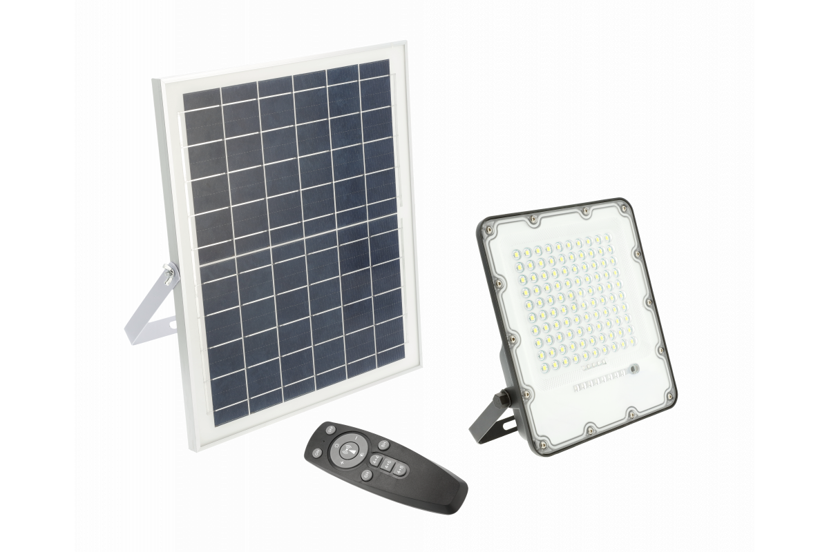 Solar LED floodlight BRAVOS, 100W, 1000lm, 6400K, IP65, 120°, solar panel, remote control, 3y 1208962681 - Productafbeelding