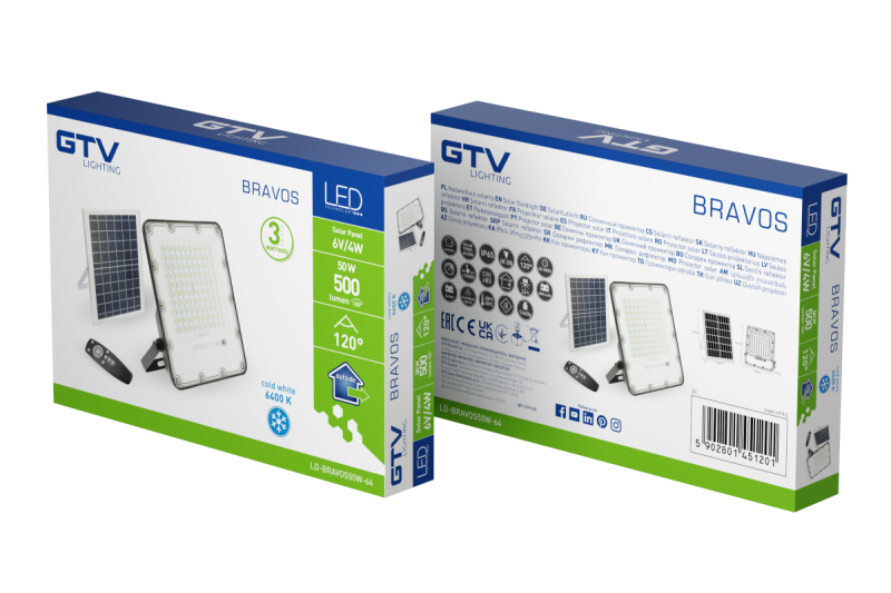 Solar LED floodlight BRAVOS, 50W, 500lm, 6400K, IP65, 120°, solar panel, remote control, 3y 1208962684