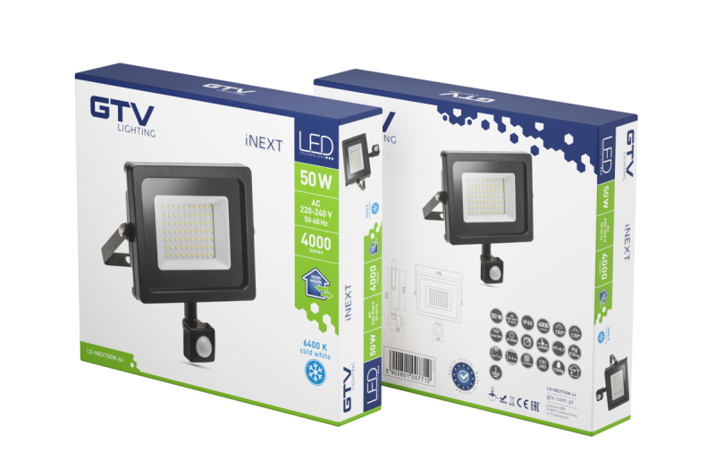 LED floodlight iNEXT with motion sensor 50W 4000lm, PF>0,9, RA>80, IP65, 120°, 6400K, black body 1208962862