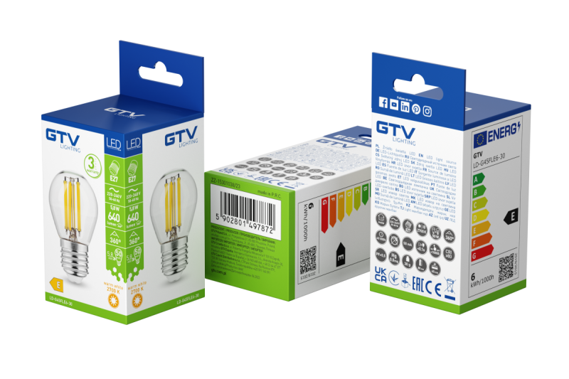 LED LIGHT SOURCE, FILAMENT, A-G, G45, 2700K, E27, 5,8W, AC220-240V, 360°, 640lm, 50mA 1208966966