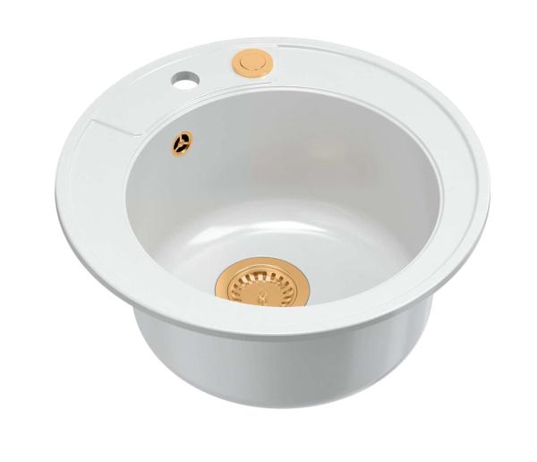 Quadri Norwich granite white inset round sink 510mm with copper automatically waste 1208967042